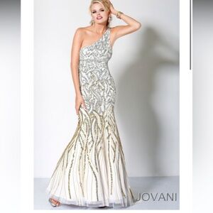 JOVANI WHITE EVENING DRESS WITH GOLD AND SILVER BEADING